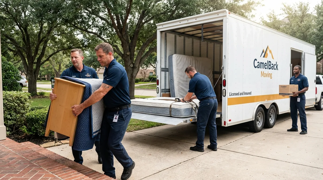 Crew loading residential truck for cross-state move from Crockett, TX