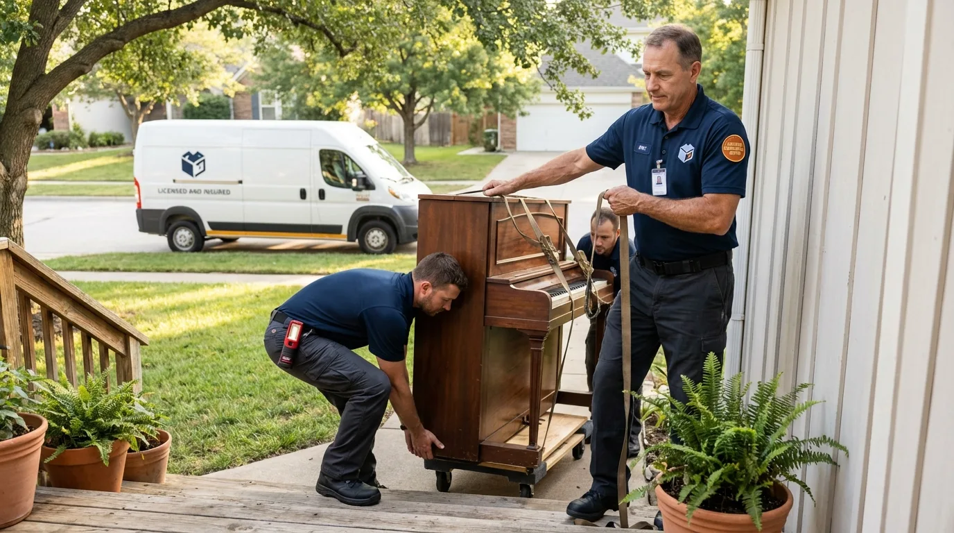 Licensed piano movers securing grand piano in Crockett, TX
